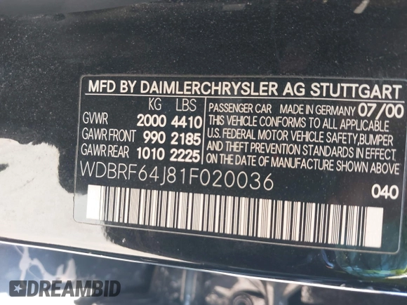 2001 Mercedes-Benz C 320 with VIN WDBRF64J81F020036, listed as a IAAI auction lot 41998198 with 111,407 mi miles and . Bid and sale history available at DreamBid. Image 9.