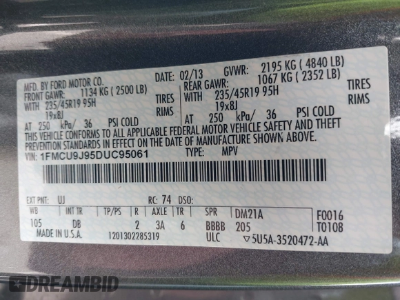 2013 Ford Escape Titanium with VIN 1FMCU9J95DUC95061, listed as a IAAI auction lot 42293047 with 124,641 mi miles and . Bid and sale history available at DreamBid. Image 9.