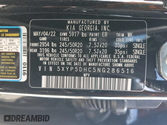 2022 Kia Telluride SX with VIN 5XYP5DHC5NG286516, listed as a Copart auction lot 55111655 with 40,010 mi miles and Salvage title. Bid and sale history available at DreamBid. Image 13.
