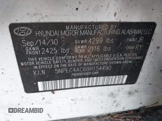 2011 Hyundai Sonata SE with VIN 5NPEC4AC6BH154490, listed as a IAAI auction lot 42012781 with 132,740 mi miles. Bid and sale history available at carsss.com. Image 9.