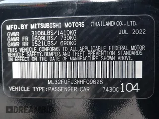 2022 Mitsubishi Mirage G4 ES with VIN ML32FUFJ3NHF09626, listed as a IAAI auction lot 41294160 with 57,032 mi miles. Bid and sale history available at carsss.com. Image 9.