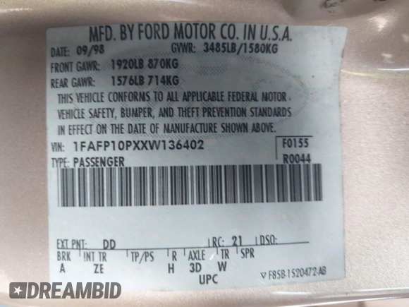 1999 Ford Escort LX with VIN 1FAFP10PXXW136402, listed as a IAAI auction lot 41375841 with 151,699 mi miles and . Bid and sale history available at DreamBid. Image 9.