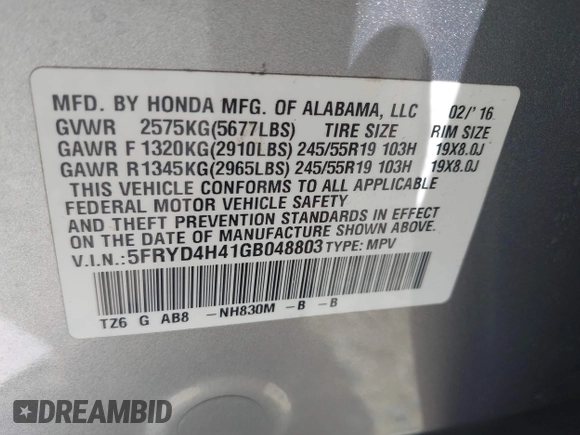 2016 Acura MDX w/Tech with VIN 5FRYD4H41GB048803, listed as a IAAI auction lot 42066482 with 105,435 mi miles. Bid and sale history available at carsss.com. Image 9.