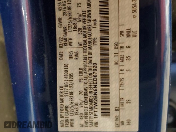 2022 Ford F-250 XL with VIN 1FT7W2BN6NED67920, listed as a Copart auction lot 50507735 with 49,020 mi miles and Salvage title. Bid and sale history available at DreamBid. Image 12.