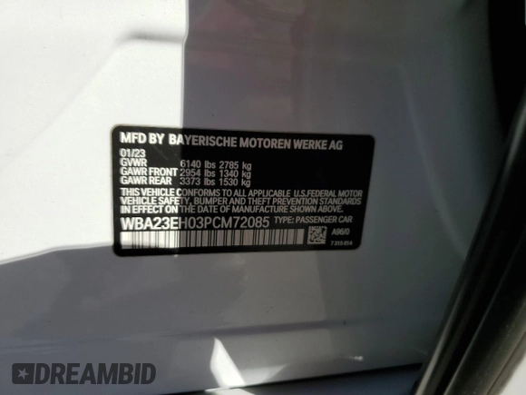 2023 BMW 7 Series 740i with VIN WBA23EH03PCM72085, listed as a Copart auction lot 87090954 with 0 mi miles and Salvage Title. Bid and sale history available at carsss.com. Image 13.