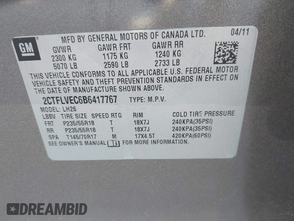2011 GMC Terrain SLT-1 with VIN 2CTFLVEC6B6417767, listed as a IAAI auction lot 42849445 with 139,829 mi miles and . Bid and sale history available at DreamBid. Image 9.