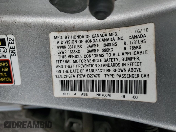 2010 Honda Civic LX with VIN 2HGFA1F57AH327476, listed as a Copart auction lot 45473805 with 202,052 mi miles and Salvage Title. Bid and sale history available at DreamBid. Image 12.
