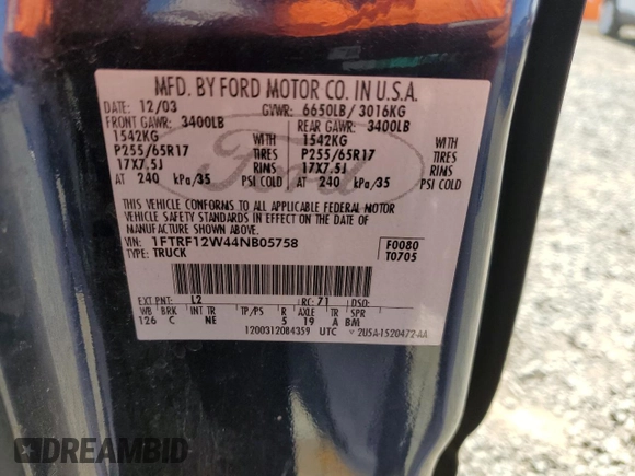 2004 Ford F-150 XL с VIN 1FTRF12W44NB05758, выставлен на аукционе Copart как лот 61788245 с пробегом 349 001 миль миль и Чистый • Clean title. История ставок и продаж доступна на DreamBid. Изображение 12.