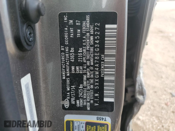 2014 Kia Optima LX with VIN 5XXGM4A78EG345272, listed as a Copart auction lot 55473895 with 150,870 mi miles and Salvage title. Bid and sale history available at DreamBid. Image 12.