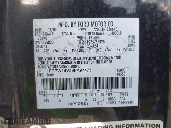 2009 Ford F-150 XL z VIN 1FTPW14V59FA97473, wystawiony jako IAAI lot #41027912 z przebiegiem 155 502 mil mil oraz . Historia ofert i sprzedaży dostępna na DreamBid. Obrazek 9.