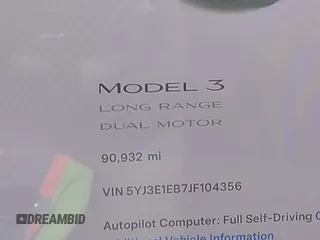2018 Tesla Model 3 Long Range Battery with VIN 5YJ3E1EB7JF104356, listed as a IAAI auction lot 41936961 with 90,932 mi miles and . Bid and sale history available at DreamBid. Image 16.