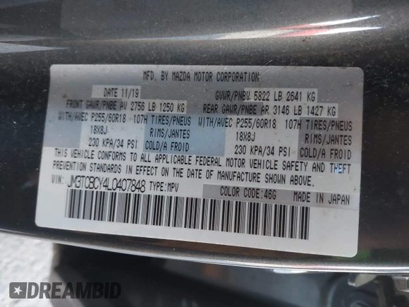 2020 Mazda CX-9 Touring with VIN JM3TCBCY4L0407848, listed as a IAAI auction lot 41008567 with 72,641 mi miles. Bid and sale history available at carsss.com. Image 9.