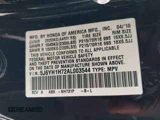 2010 Honda Element EX with VIN 5J6YH1H72AL003544, listed as a IAAI auction lot 41937605 with 124,230 mi miles and . Bid and sale history available at DreamBid. Image 9.