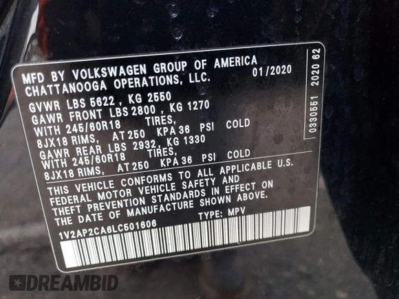 2020 Volkswagen Atlas S с VIN 1V2AP2CA6LC501606, выставлен на аукционе Copart как лот 38843103 с пробегом 32 187 миль миль и . История ставок и продаж доступна на DreamBid. Изображение 13.