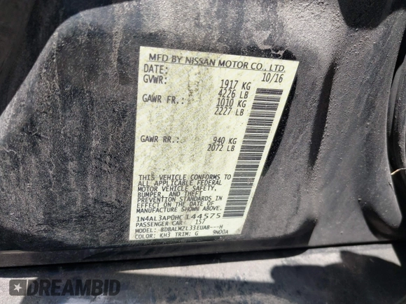 2017 Nissan Altima SV with VIN 1N4AL3AP0HC144575, listed as a IAAI auction lot 40129580 with 184,765 mi miles and . Bid and sale history available at DreamBid. Image 9.