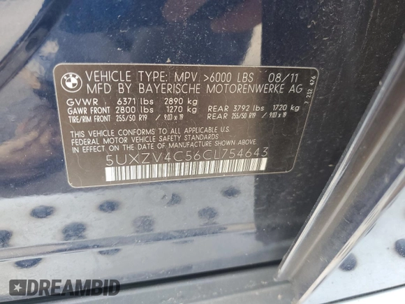 2012 BMW X5 35i with VIN 5UXZV4C56CL754643, listed as a Copart auction lot 55970125 with 150,584 mi miles and Salvage title. Bid and sale history available at DreamBid. Image 12.