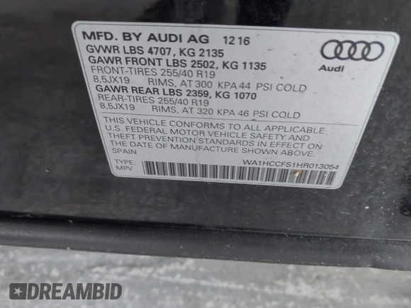 2017 Audi Q3 Premium Plus with VIN WA1HCCFS1HR013054, listed as a IAAI auction lot 42359261 with 148,435 mi miles and . Bid and sale history available at DreamBid. Image 9.
