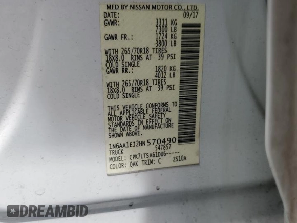 2017 Nissan Titan SV z VIN 1N6AA1EJ2HN570490, wystawiony jako Copart lot #50688785 z przebiegiem 122 817 mil mil oraz Szkoda całkowita • Salvage title. Historia ofert i sprzedaży dostępna na DreamBid. Obrazek 12.
