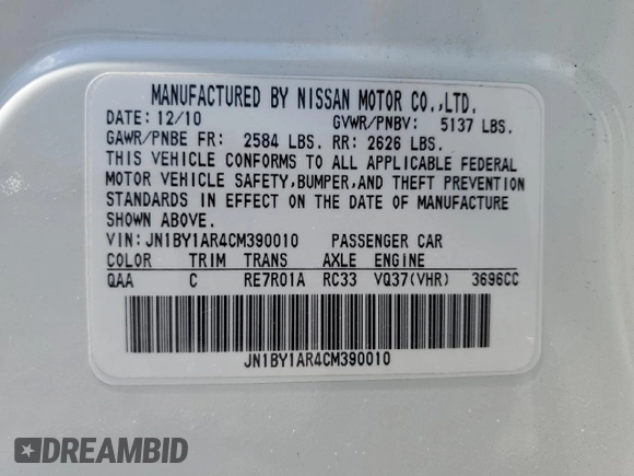 2012 Infiniti M37 with VIN JN1BY1AR4CM390010, listed as a Copart auction lot 57322484 with 165,977 mi miles and Salvage Title. Bid and sale history available at carsss.com. Image 13.