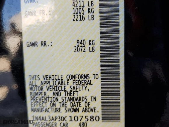 2013 Nissan Altima 2.5 SL with VIN 1N4AL3AP3DC107580, listed as a Copart auction lot 48455665 with 0 mi miles and Non Repairable. Bid and sale history available at carsss.com. Image 12.