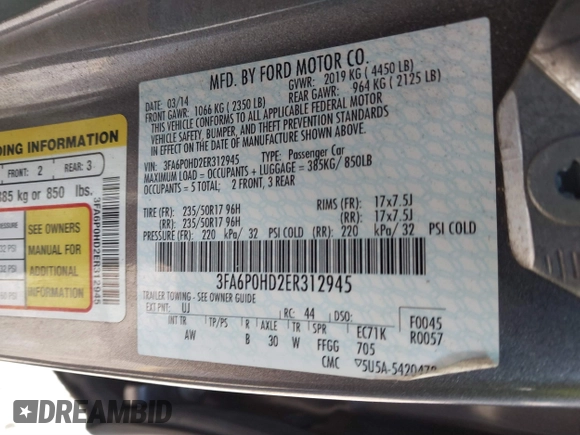 2014 Ford Fusion SE with VIN 3FA6P0HD2ER312945, listed as a IAAI auction lot 40827318 with 1 mi miles. Bid and sale history available at carsss.com. Image 9.
