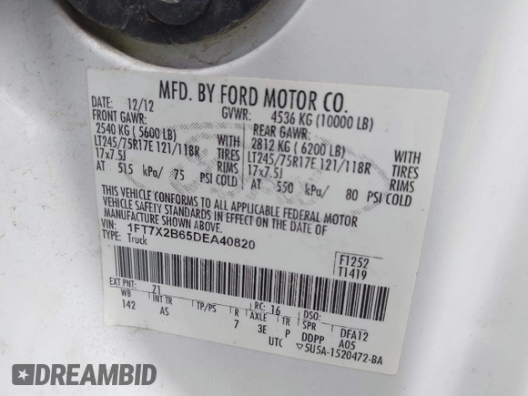 2013 Ford F-250 XL with VIN 1FT7X2B65DEA40820, listed as a IAAI auction lot 41940224 with 193,706 mi miles and . Bid and sale history available at DreamBid. Image 9.