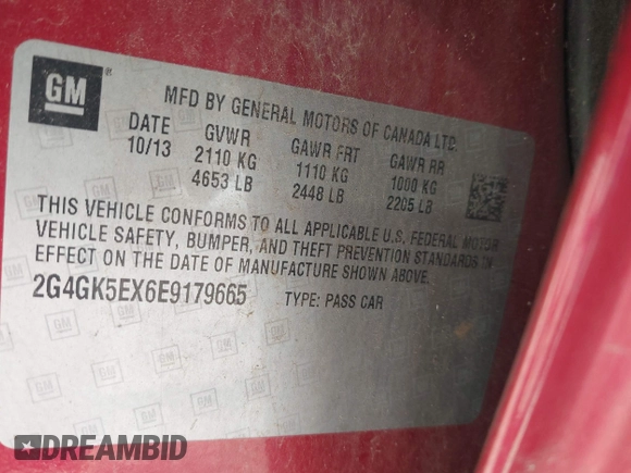 2014 Buick Regal with VIN 2G4GK5EX6E9179665, listed as a IAAI auction lot 42214876 with 163,802 mi miles and . Bid and sale history available at DreamBid. Image 9.