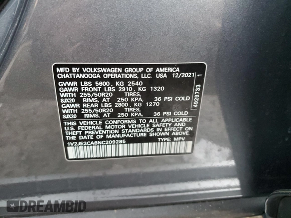 2022 Volkswagen Atlas SE with VIN 1V2JE2CA8NC209285, listed as a Copart auction lot 45026735 with 69,379 mi miles and Non repairable. Bid and sale history available at DreamBid. Image 14.