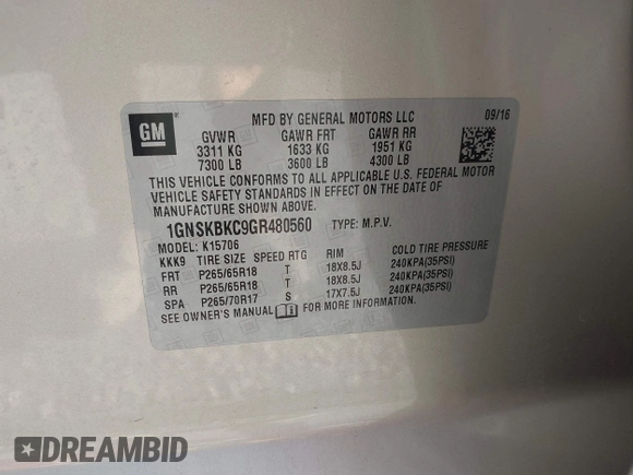 2016 Chevrolet Tahoe LT с VIN 1GNSKBKC9GR480560, выставлен на аукционе IAAI как лот 42436271 с пробегом 106 820 миль миль и . История ставок и продаж доступна на DreamBid. Изображение 9.