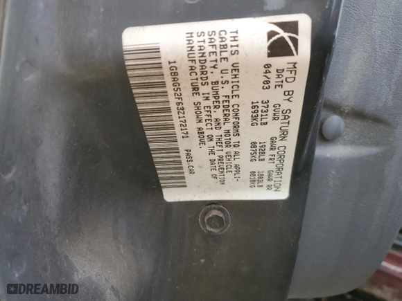 2003 Saturn ION with VIN 1G8AG52F63Z172171, listed as a Copart auction lot 86427514 with 105,735 mi miles and Clean Title. Bid and sale history available at carsss.com. Image 12.