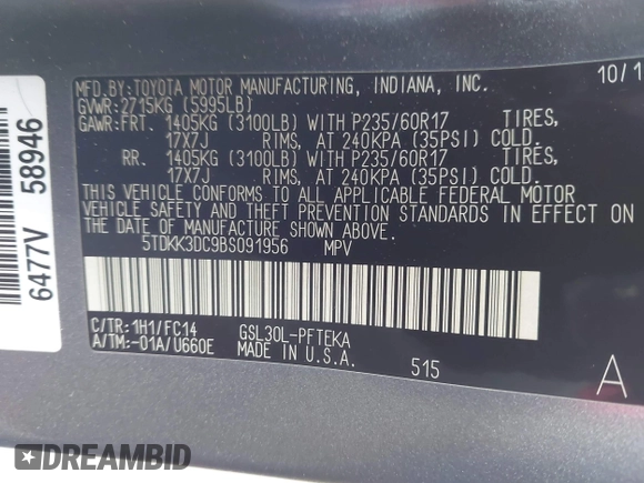 2011 Toyota Sienna LE AAS with VIN 5TDKK3DC9BS091956, listed as a IAAI auction lot 42064902 with 73,542 mi miles and . Bid and sale history available at DreamBid. Image 9.