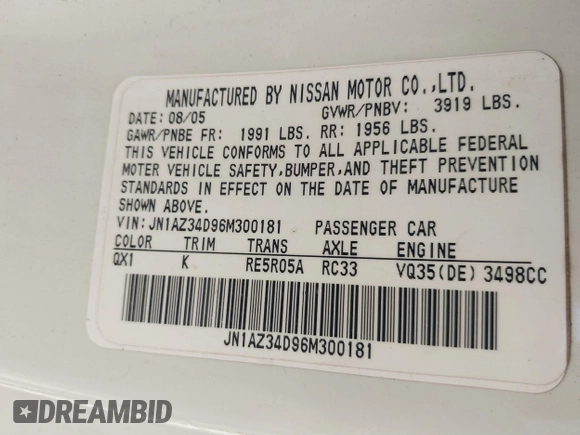 2006 Nissan 350Z Touring z VIN JN1AZ34D96M300181, wystawiony jako IAAI lot #41278695 z przebiegiem 105 033 mil mil oraz . Historia ofert i sprzedaży dostępna na DreamBid. Obrazek 9.