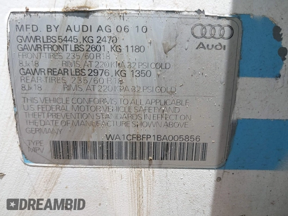 2011 Audi Q5 with VIN WA1CFBFP1BA005856, listed as a IAAI auction lot 42530858 with 162,384 mi miles and . Bid and sale history available at DreamBid. Image 9.