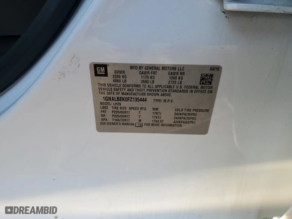 2015 Chevrolet Equinox LT with VIN 1GNALBEK0FZ135444, listed as a Copart auction lot 44913615 with 96,457 mi miles and Salvage Title. Bid and sale history available at carsss.com. Image 14.