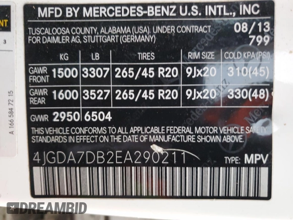 2014 Mercedes-Benz M 550 with VIN 4JGDA7DB2EA290211, listed as a Copart auction lot 73809494 with 123,983 mi miles and Clean Title. Bid and sale history available at DreamBid. Image 13.
