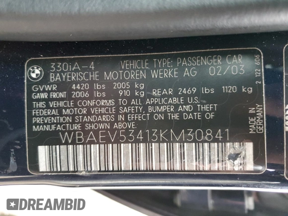 2003 BMW 3 Series 330i with VIN WBAEV53413KM30841, listed as a Copart auction lot 76407924 with 121,102 mi miles and Salvage Title. Bid and sale history available at carsss.com. Image 14.
