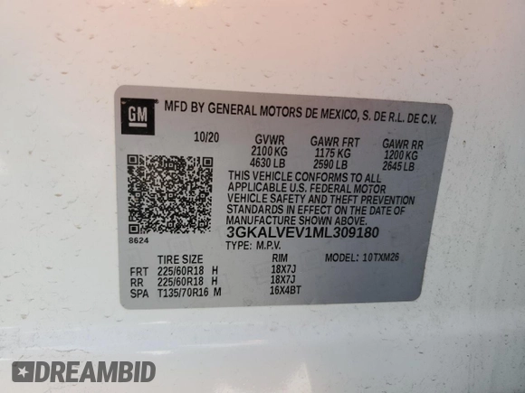 2021 GMC Terrain SLT z VIN 3GKALVEV1ML309180, wystawiony jako Copart lot #54563865 z przebiegiem 91 508 mil mil oraz Szkoda całkowita • Salvage title. Historia ofert i sprzedaży dostępna na DreamBid. Obrazek 12.