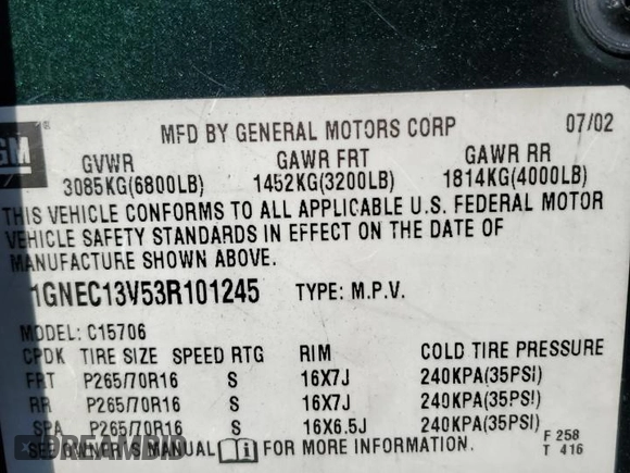 2003 Chevrolet Tahoe LS with VIN 1GNEC13V53R101245, listed as a Copart auction lot 65222214 with 259,040 mi miles and Salvage Title. Bid and sale history available at carsss.com. Image 12.