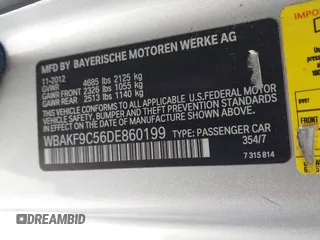 2013 BMW 3 Series 335i xDrive with VIN WBAKF9C56DE860199, listed as a IAAI auction lot 41823376 with Not provided miles and . Bid and sale history available at DreamBid. Image 9.