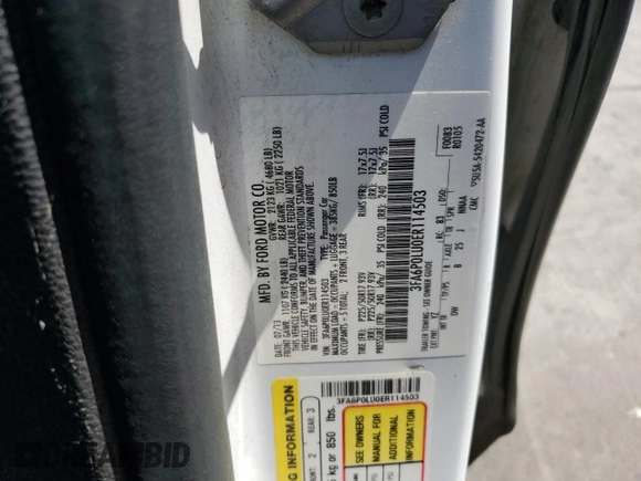 2014 Ford Fusion SE Hybrid with VIN 3FA6P0LU0ER114503, listed as a Copart auction lot 59612555 with 251,834 mi miles and Salvage title. Bid and sale history available at DreamBid. Image 12.