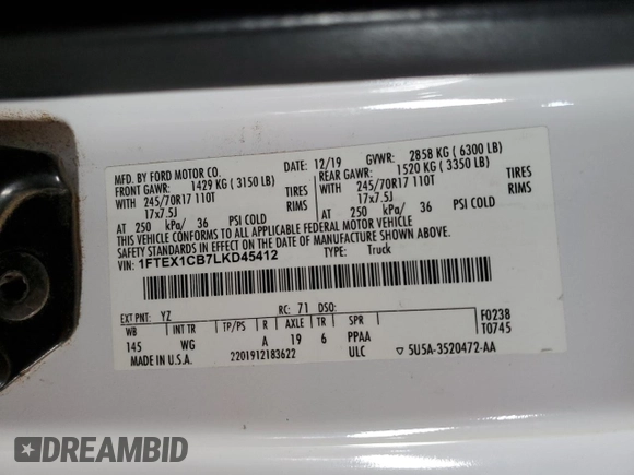 2020 Ford F-150 XL with VIN 1FTEX1CB7LKD45412, listed as a Copart auction lot 56198045 with 51,161 mi miles and Salvage title. Bid and sale history available at DreamBid. Image 12.