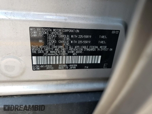 2022 Toyota Venza LE with VIN JTEAAAAH2NJ100870, listed as a Copart auction lot 59356854 with 39,087 mi miles and Salvage Title. Bid and sale history available at carsss.com. Image 14.