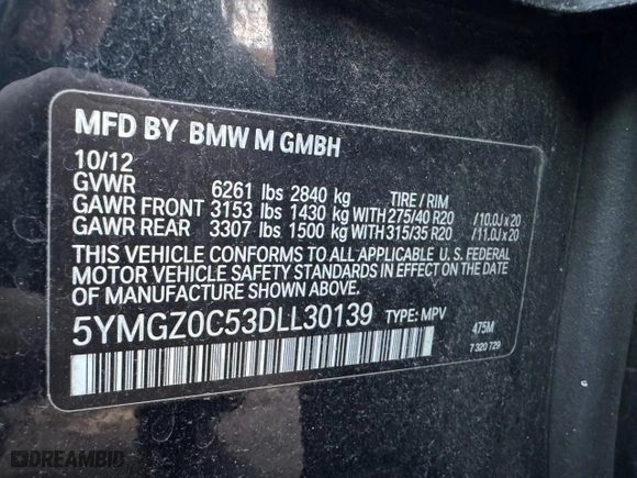 2013 BMW X6 M with VIN 5YMGZ0C53DLL30139, listed as a Copart auction lot 84494054 with 166,638 mi miles and Clean Title. Bid and sale history available at carsss.com. Image 10.