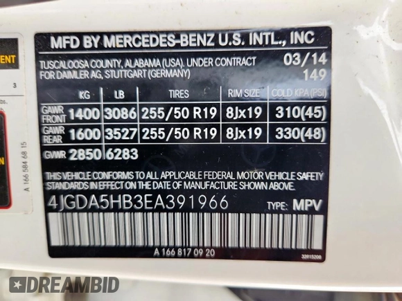 2014 Mercedes-Benz M 350 with VIN 4JGDA5HB3EA391966, listed as a Copart auction lot 60421605 with 130,874 mi miles and Salvage title. Bid and sale history available at DreamBid. Image 13.