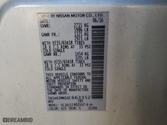 2016 Nissan Pathfinder SV with VIN 5N1AR2MN1GC663352, listed as a Copart auction lot 83157784 with 225,039 mi miles and Salvage Title. Bid and sale history available at carsss.com. Image 14.
