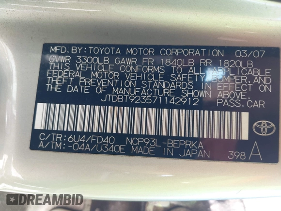 2007 Toyota Yaris with VIN JTDBT923571142912, listed as a IAAI auction lot 42221569 with 301,341 mi miles and . Bid and sale history available at DreamBid. Image 9.