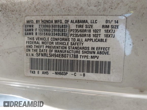 2014 Honda Odyssey Touring with VIN 5FNRL5H94EB071788, listed as a IAAI auction lot 42523959 with 244,734 mi miles and . Bid and sale history available at DreamBid. Image 9.