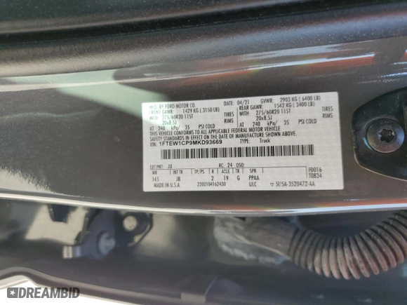 2021 Ford F-150 XL with VIN 1FTEW1CP9MKD93669, listed as a Copart auction lot 47239265 with 68,454 mi miles and Non Repairable. Bid and sale history available at carsss.com. Image 12.