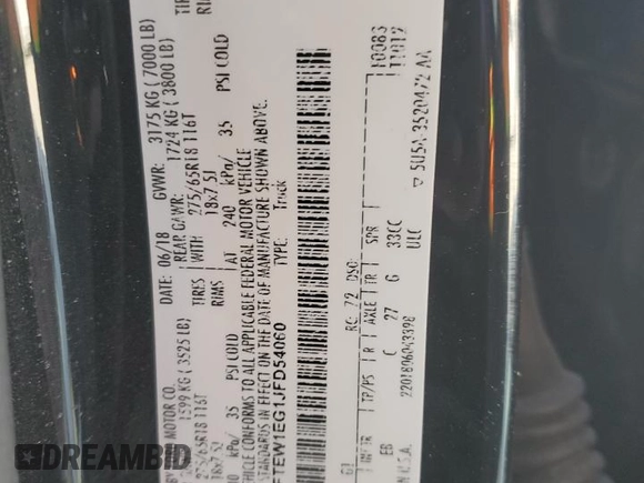 2018 Ford F-150 XL with VIN 1FTEW1EG1JFD54060, listed as a Copart auction lot 43202705 with 121,884 mi miles and Salvage Title. Bid and sale history available at carsss.com. Image 12.