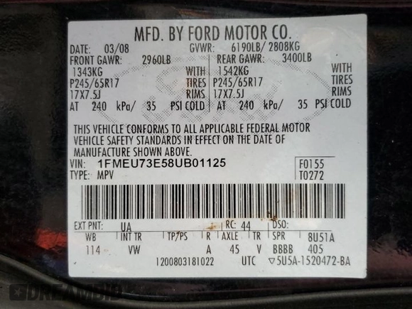 2008 Ford Explorer XLT с VIN 1FMEU73E58UB01125, выставлен на аукционе Copart как лот 61918175 с пробегом 121 582 миль миль и Чистый • Clean title. История ставок и продаж доступна на DreamBid. Изображение 13.